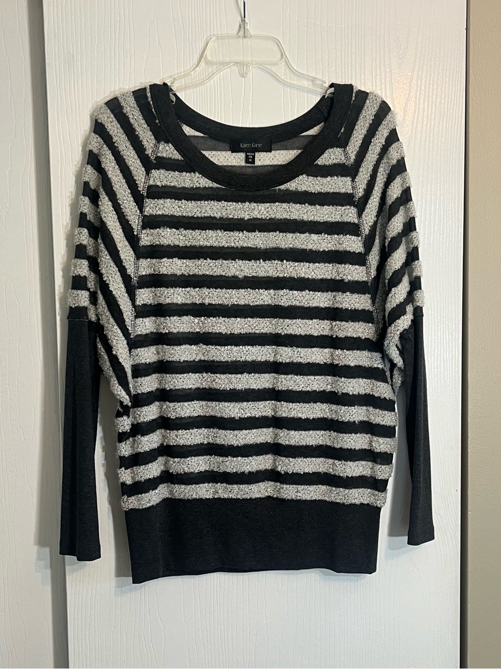 Karen Kane Size Medium Gray Fluffy Striped Mesh Bat Wing Scoopneck Sweater Top